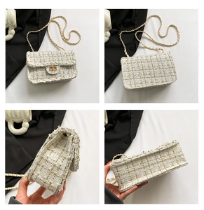 Detailed views of a plaid tweed crossbody bag with golden chain and metallic lock