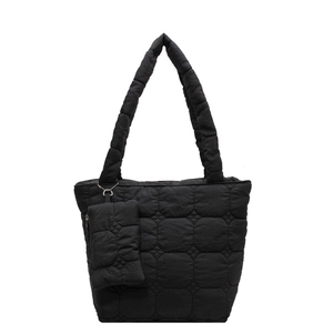 Minimalist black quilted tote bag with matching coin pouch and padded nylon surface