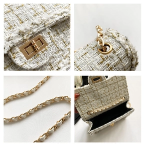 Detailed views of gold chain strap and metallic tweed texture on small square bag
