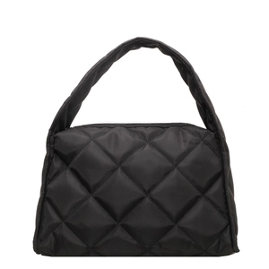 Minimalist black quilted puffer handbag for women featuring a sleek nylon texture