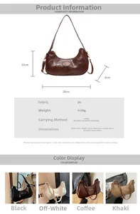 Detailed size chart for crescent PU leather handbag showing 28cm width and strap dimensions
