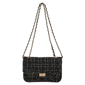 Elegant black and gold tweed crossbody bag with metallic chain strap and turn-lock closure