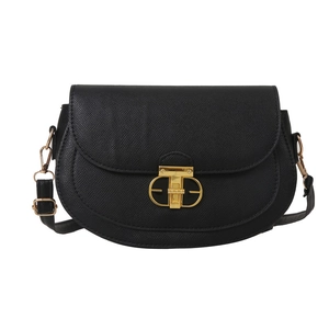 Classic black crossbody saddle bag with gold geometric buckle and textured synthetic leather