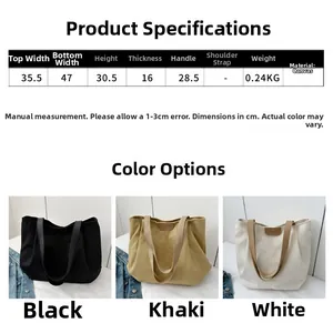 Detaillierte Größentabelle und Farbauswahl für den großen Canvas-Shopper mit Maßen
