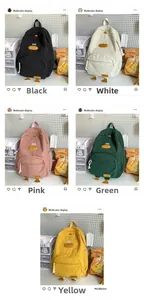 Details of cartoon duck corduroy backpacks in black, white, pink, green, and yellow