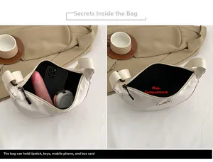 Macro view of white nylon crescent bag interior showing spacious main compartment