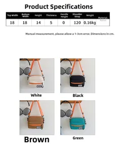 Size chart for casual nylon crossbody bag showing dimensions in 18x14x5 cm and colors