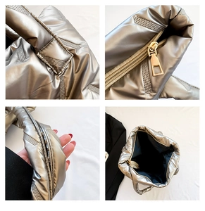 Détails du sac cabas argenté avec poignées renforcées et fermeture éclair dorée