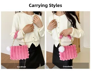 Detailed views of pink faux fur crossbody bag with golden chain strap and white pompom charm