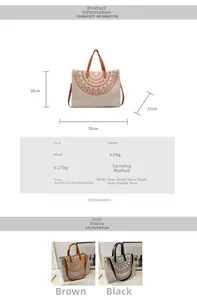 Detailed view of large ethnic linen tote bag dimensions 35x28x12cm with orange straps