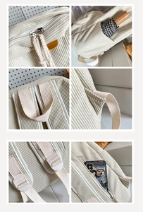 Detail view of corduroy backpack showing dual zippers, side pocket and anti-theft back pocket