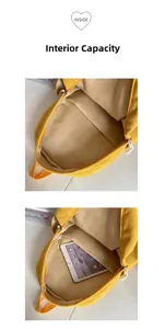 Detail view of yellow corduroy backpack spacious interior with tablet compartment