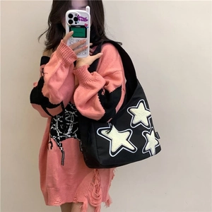 Cute large capacity black canvas hobo bag with plush white star patches for women