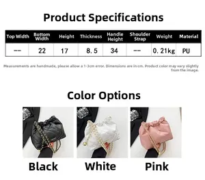 Size guide for quilted PU leather chain bag with measurements 22x17x8.5cm in three colors