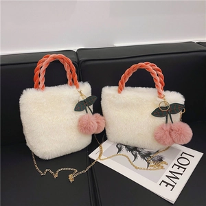 Women Sweet Plush Handbag With Braided Velvet Handle And Cherry Pendant Winter Faux Fur Chain Crossbody Bag Mini Square Purse