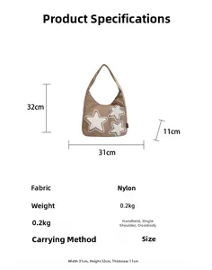Detailed size specifications for large nylon tote bag with star embroidery details