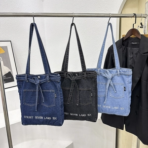 Denim Tote Bag For Women Large Capacity Shoulder Bag With Letter Embroidery Multi Front Pockets Casual Commuting Handbag
