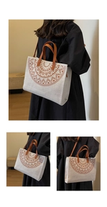 Detail view of ethnic canvas tote bag with geometric print and brown leather handles