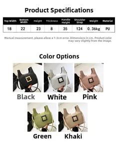 Detailed size chart and multi-color options for this PU leather crossbody bag