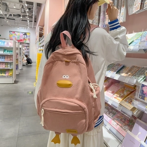 Cute Cartoon Duck Corduroy Backpack For Women Student School Bag Fashion Casual Solid Color Travel Bag Duck Feet Decor