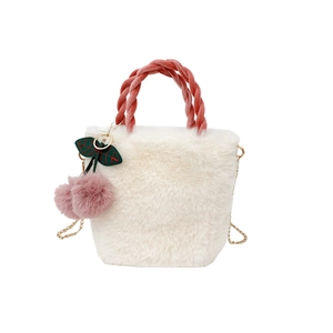White faux fur crossbody bag with pink velvet handle and decorative cherry charms