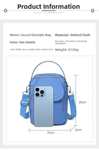 Blue oxford fabric mini crossbody bag dimensions and weight specifications with phone size scale