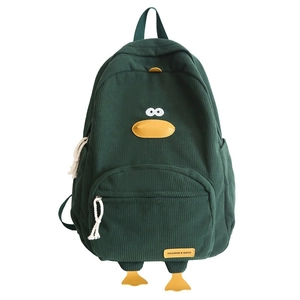 Deep green corduroy backpack with cute cartoon duck design and 3D beak detail