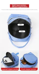 Blue nylon mini crossbody bag with multi-layer zipper pockets for phone and sunglasses