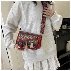 Close-up of ethnic crossbody bag featuring colorful canvas, fringes, and wide strap