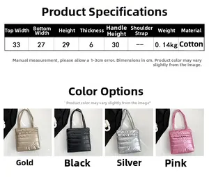 Detailed size chart for the large quilted down cotton tote bag with handle specifications