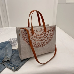 Bohemian Ethnic Canvas Tote Bag Large Capacity Mandala Geometric Print Shoulder Bag Minimalist Women Daily Travel Handbag