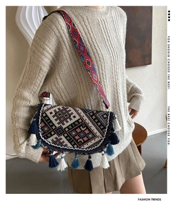 Close-up of ethnic woven crossbody bag with colorful geometric patterns and decorative tassels