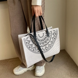 Ethnic style large linen tote bag with black bohemian geometric totem pattern