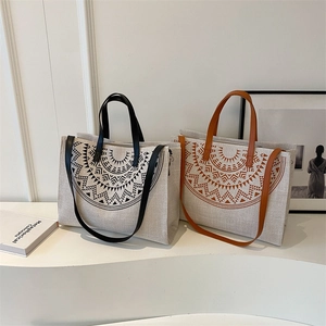 Ethnic style large canvas tote bag with bohemian prints and contrast handles for daily use