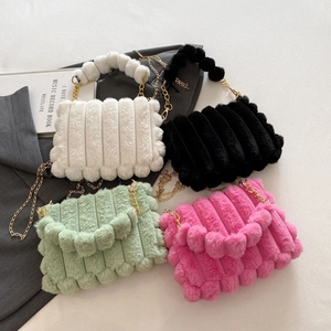 Women's Fashion Plush Faux Fur Handbag Crossbody Bag With Metal Chain Strap Bow Decorative Korean Soft Winter Shoulder Bag