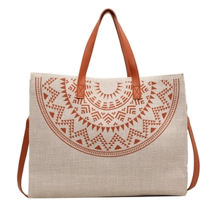 Ethnic style large canvas tote bag with geometric print and red leather straps