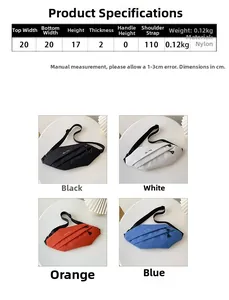 Detailed size chart for nylon crossbody bag showing 20x17x2cm dimensions and strap length