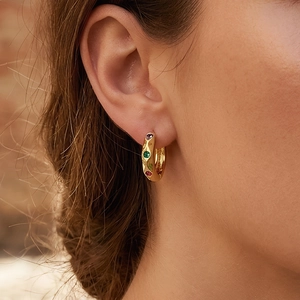 French style gold hammered hoop earrings with multicolor zircon stones in sunlight