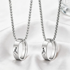 Stainless Steel Pendant Necklace Ring Shape Finger Heart Gesture Polished Rolo Chain Modern Jewelry For Couples