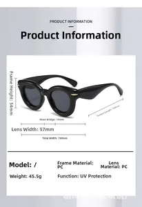 Detailed size specifications for retro round sunglasses with 150mm frame width and UV protection