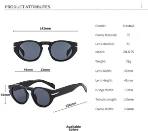 Detailed size specifications and PC frame dimensions for retro round sunglasses
