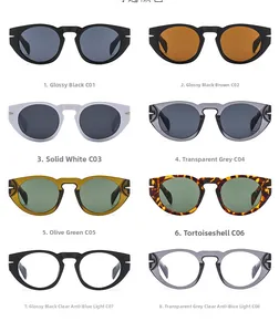 Collage of retro round sunglasses in eight colors including black, white and olive green