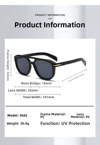 Detailed dimension guide for black pilot sunglasses featuring UV protection and PC frame