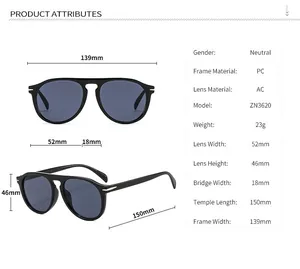 Detailed size chart showing frame width, lens dimensions and weight for round sunglasses