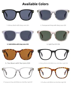 Collage of square retro sunglasses and anti-blue light glasses with metal arrow details