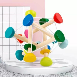 Wooden Manhattan Atom Ball Sensory Grasping Toy For Babies Toddlers Multicolor Tensegrity Elastic Stress Relief Educational Montessori Ball