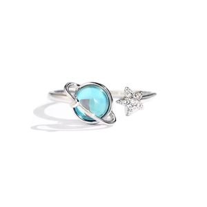 S925 Sterling Silver adjustable ring featuring a blue planet gem and pavé star design