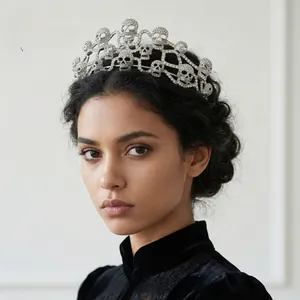 Gothic skull crown with clear rhinestones for Halloween parties worn on model hair