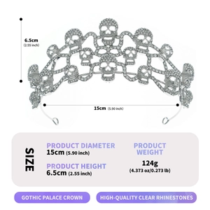 Gothic skull crown with clear rhinestones for Halloween, silver alloy party tiara