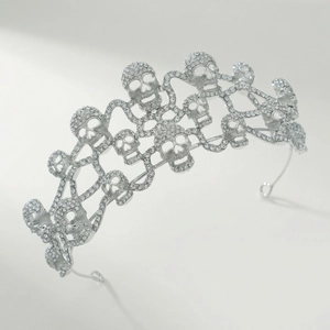 Gothic silver skull tiara with sparkling rhinestones for Halloween party queen